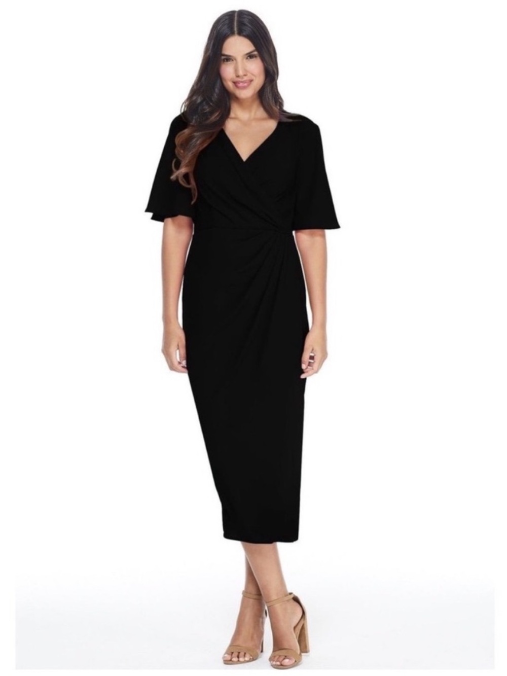 Maggy London Black Faux-Wrap Midi Dress with Flutter Sleeves 14